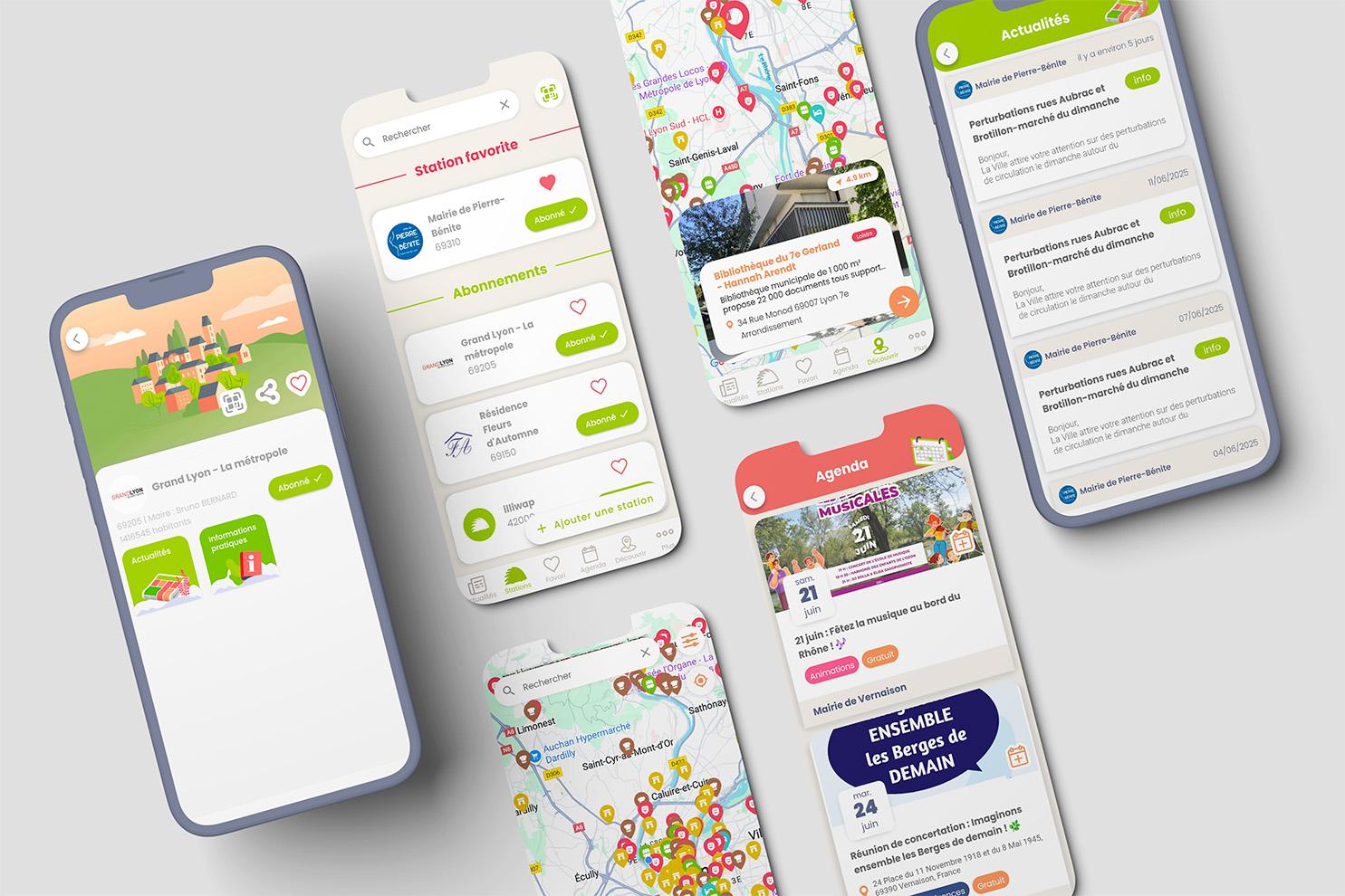 Vue multi-écrans de l'application illiwap : gestion des abonnements collectivités, carte géolocalisée Lyon, agenda événements et notifications de perturbations Mairie de Pierre-Bénite