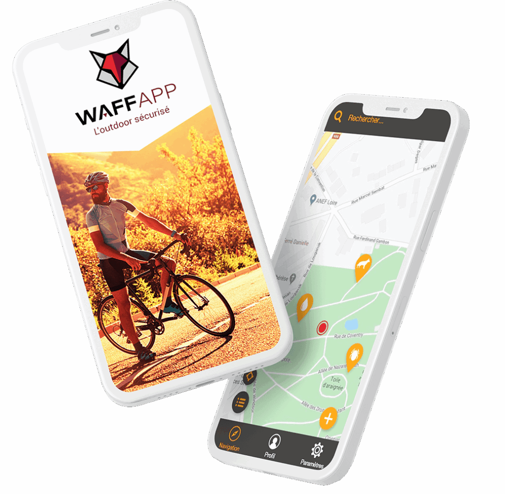 Mockup 2 smartphones WaffApp – splash screen "L'outdoor sécurisé" avec cycliste et carte de navigation géolocalisée avec points d'intérêt, développée par Groupe Diagram