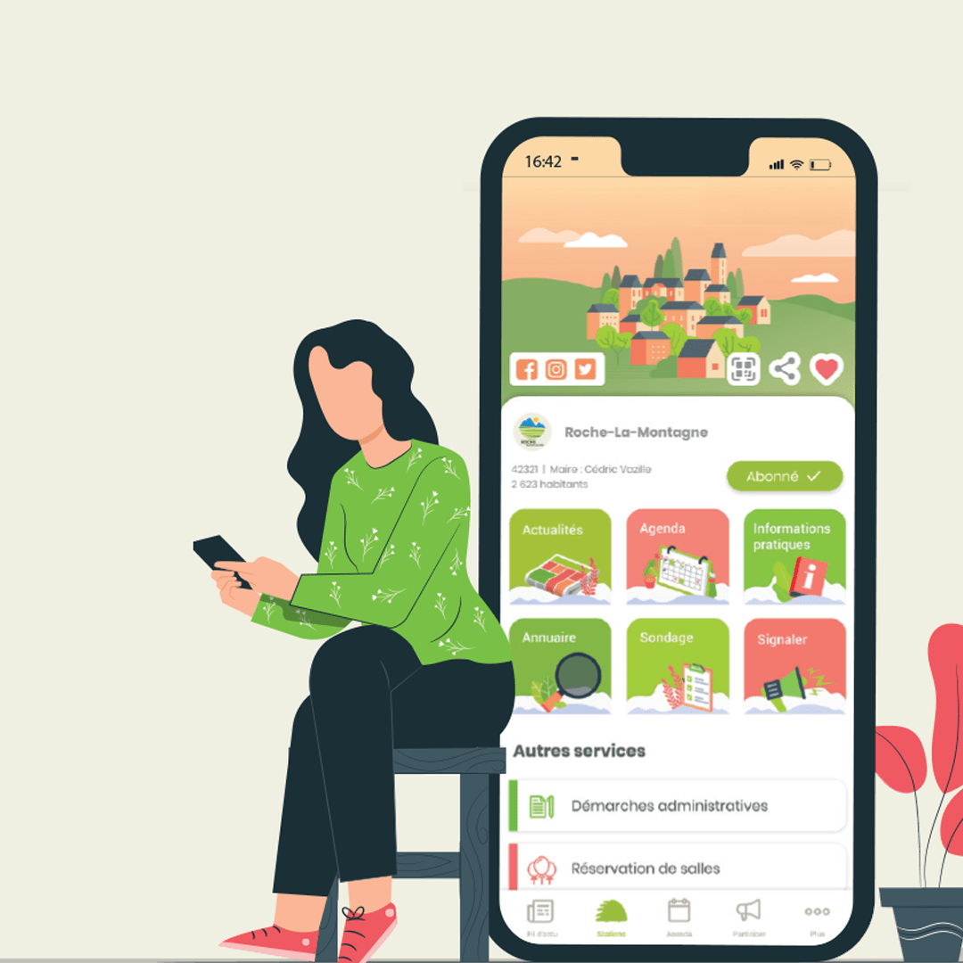 Illustration d'une citoyenne utilisant l'application illiwap sur smartphone, interface menu principal avec signalements et services municipaux