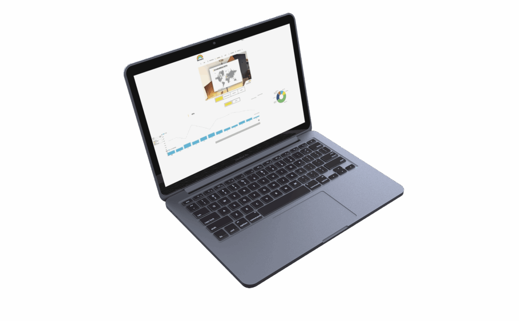 Laptop affichant le tableau de bord intranet Becker Industrie – carte mondiale, graphiques circulaire et en barres avec données de production industrielle, intranet Windev développé par Groupe Diagram