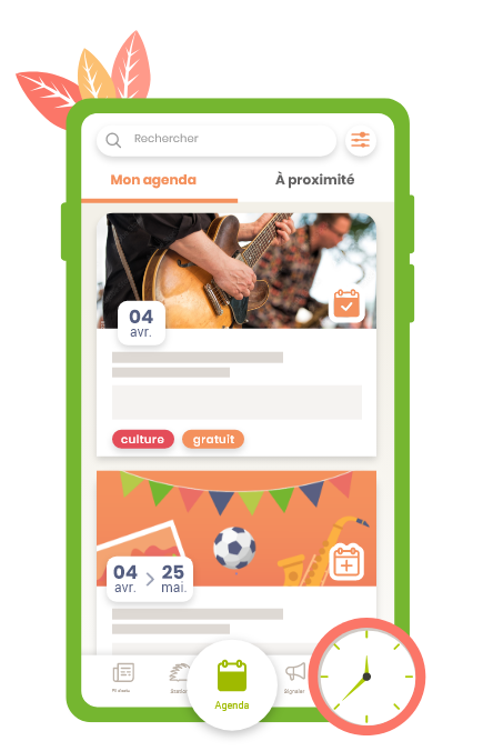 Illustration de la fonctionnalité Agenda d'illiwap : liste d'événements locaux (concert, tournoi sportif) avec tags "culture" et "gratuit"