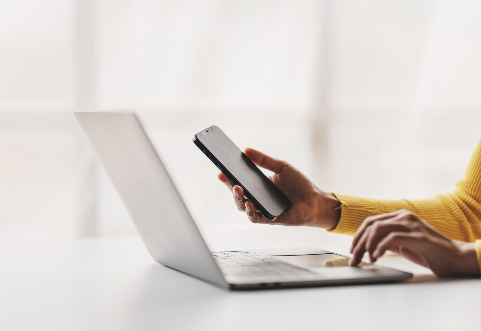 type search information from the internet network. businessman working with smartphone, tablet and laptop computer on table in office. network concept