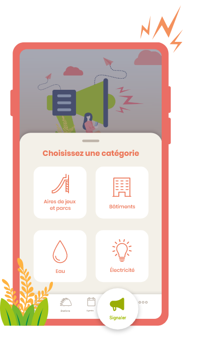 Illustration de la fonctionnalité Signalement d'illiwap : sélection de catégorie (Aires de jeux, Bâtiments, Eau, Électricité) avec personnage mégaphone