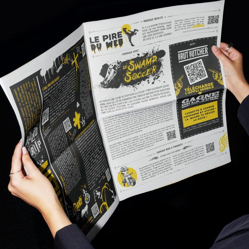 Pages intérieures du journal Brut Paper – rubriques décalées et jeux Brut Butcher