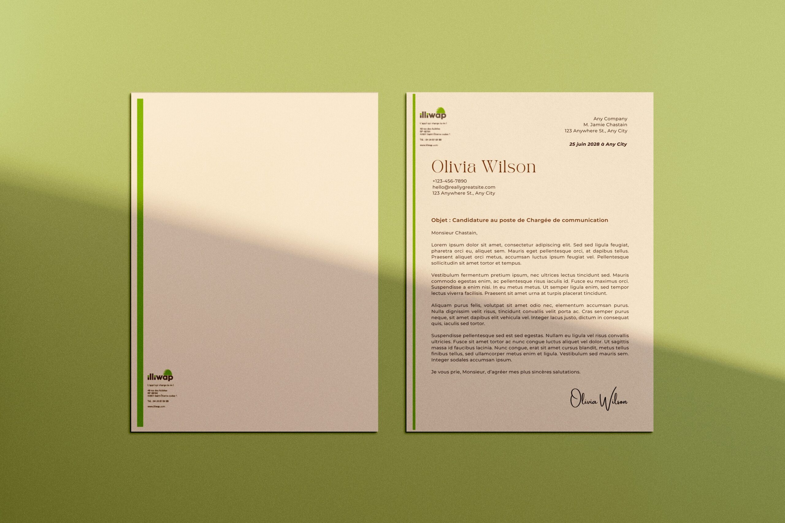 Mockup de papeterie illiwap — lettre à en-tête et enveloppe aux couleurs vert et blanc, sur fond vert chartreuse