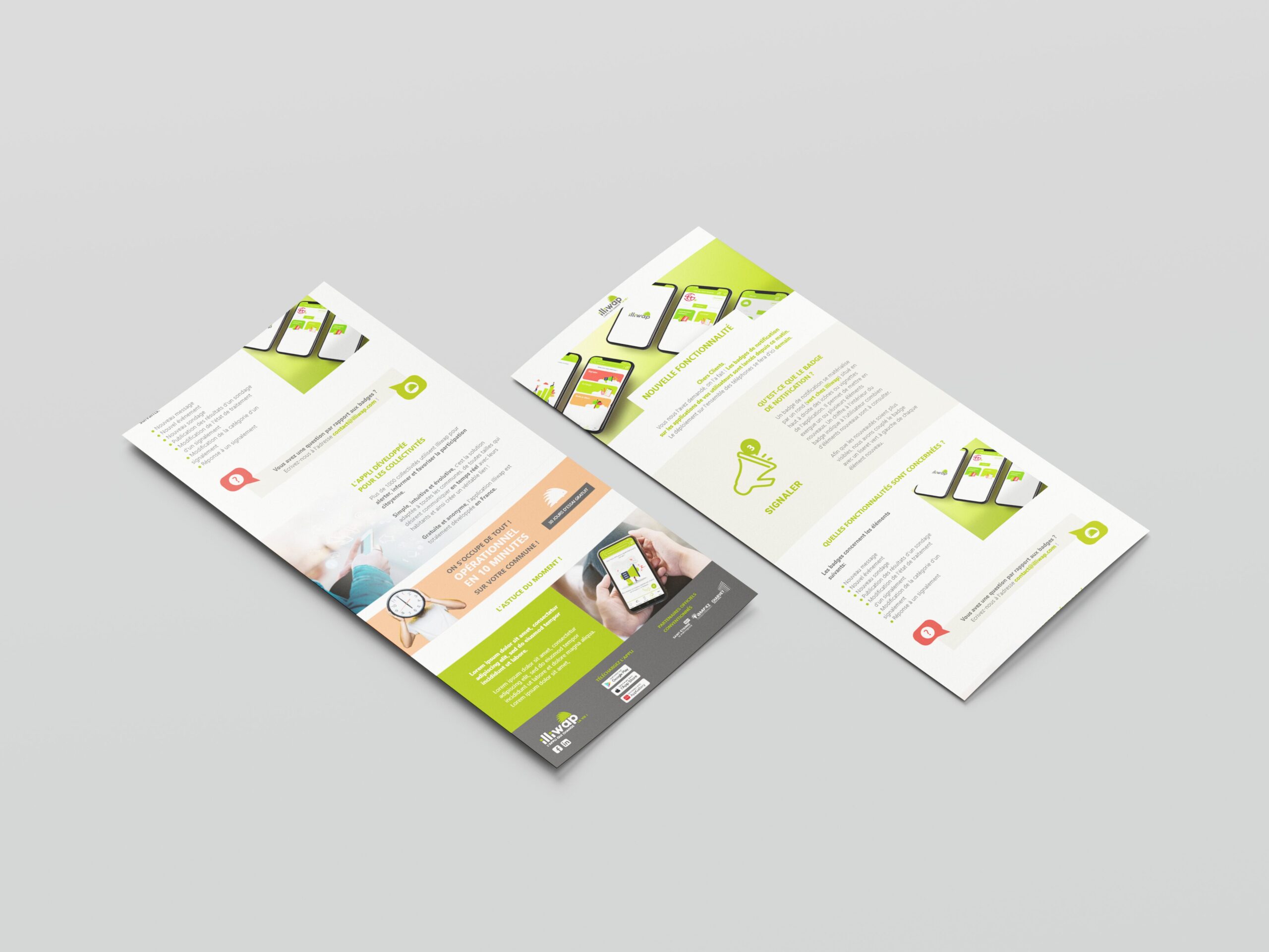 Mockup de newsletters et flyers imprimés illiwap en trois formats dépliés, présentant les fonctionnalités de l'application mobile