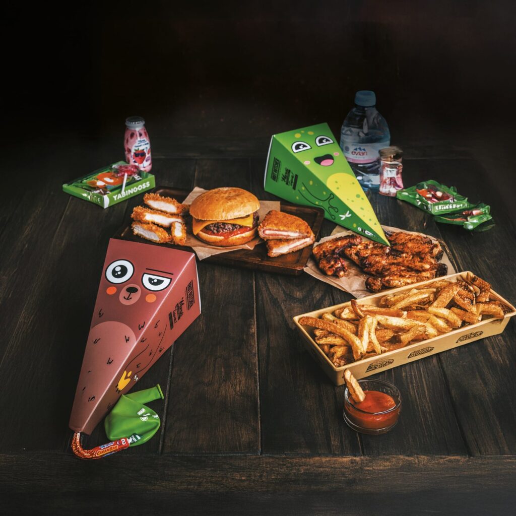 Packaging menu enfant Brut Butcher – boîtes personnages ludiques avec burger et frites