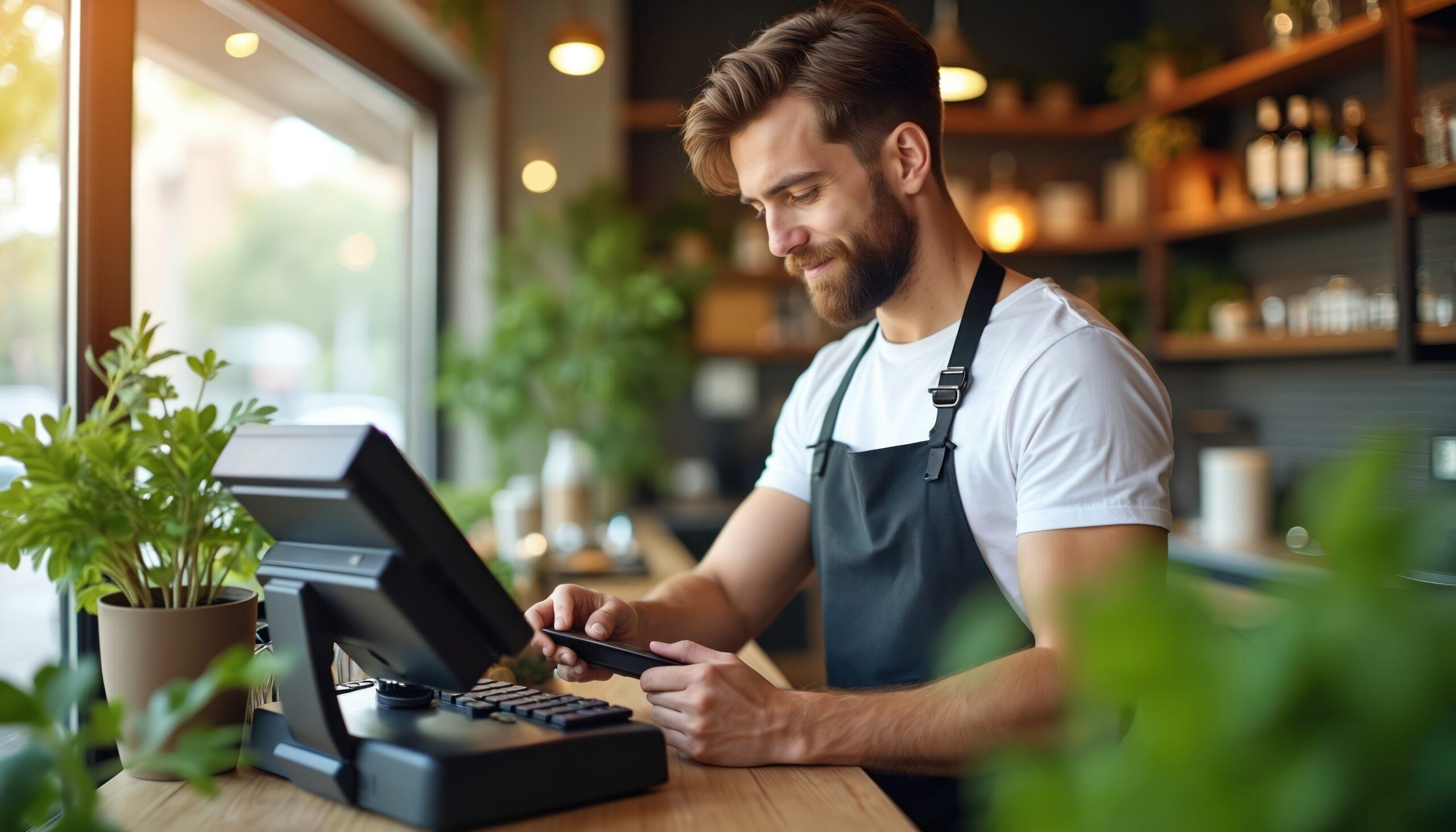Commerçant utilisant le logiciel de caisse Kippay certifié NF525 sur un terminal point de vente moderne dans une boutique.
