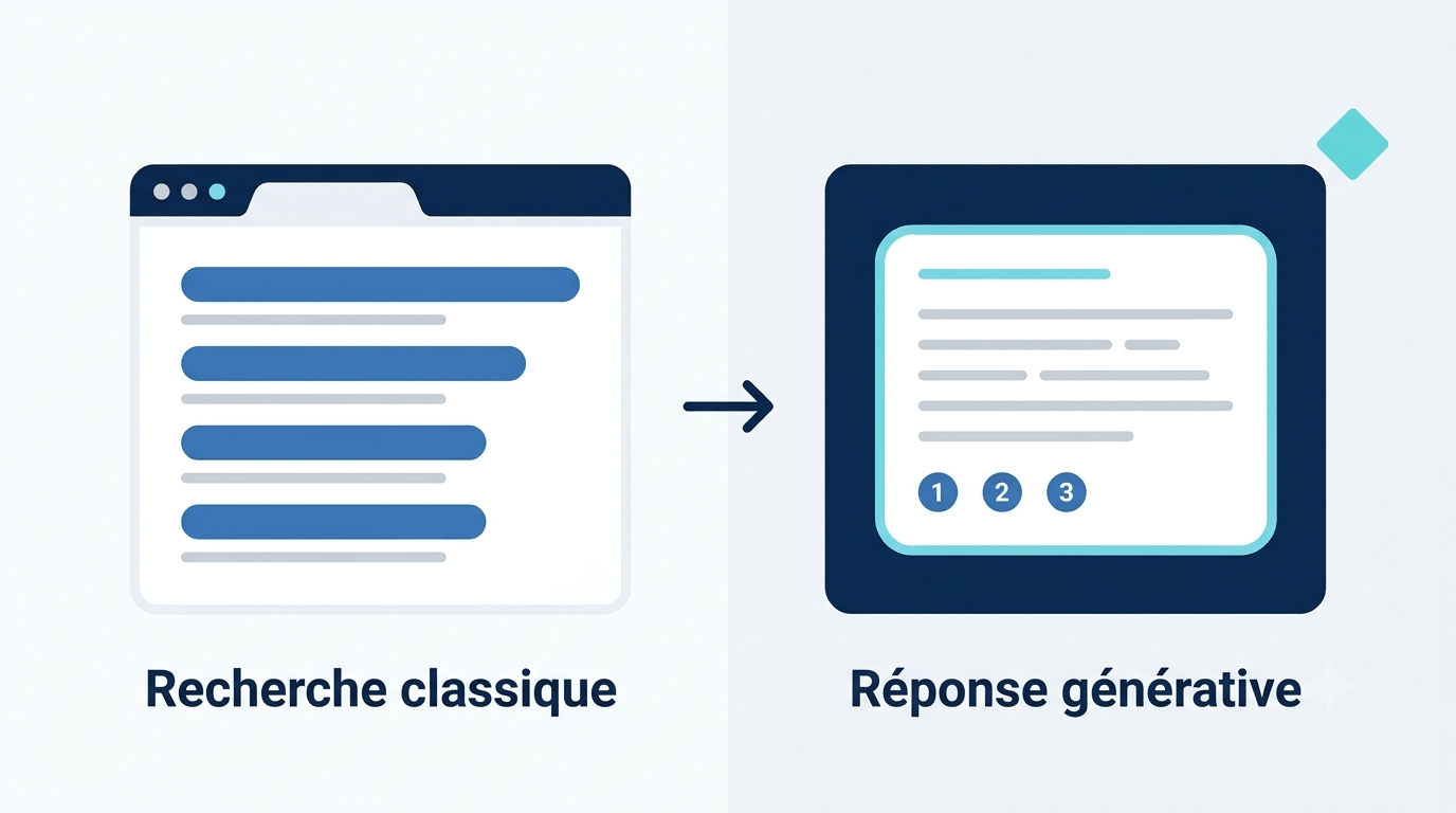Schéma comparatif entre la recherche classique par liens et la réponse générative de l'IA avec sources citées (GEO)