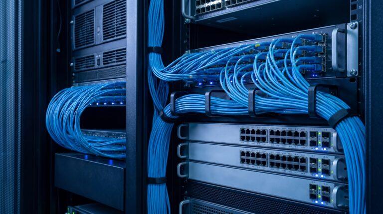 Câblage réseau bleu dans une baie de serveurs, illustration de l'hébergement cloud, on-premise ou hybride pour une PME
